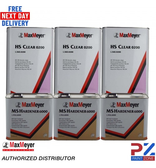 3x Max Meyer HS Clear Coat 2k Lacquer 0200 + MS Hardener 6000 - 3X 7.5Litre kit